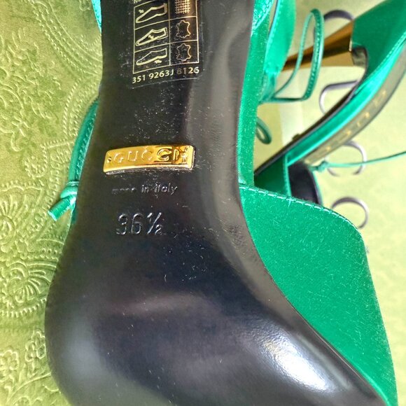 GUCCI 752966 Priscilla Emerald Green Satin Strap Gold Stiletto Heel 36+, US 6.5 - Picture 11 of 16